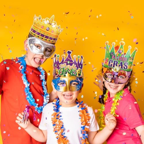 Qpout 24pcs Mardi Gras Crown Headband Carnival Party Paper Hat Headpiece Photo Booth Props Kits Mardi Gras Crowns for Carnival New Orleans Party Favors Supplies Decoration