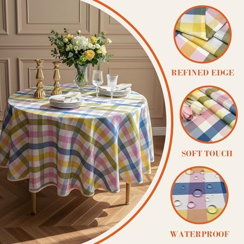 Easter Waterproof Polyester Tablecloth, Pastel Checkered Fabric Table Cover for Spring Party, Kitchen Dining Decor, Easy Care Cloth Tablecloth for Indoor Outdoor Use, 60" Round