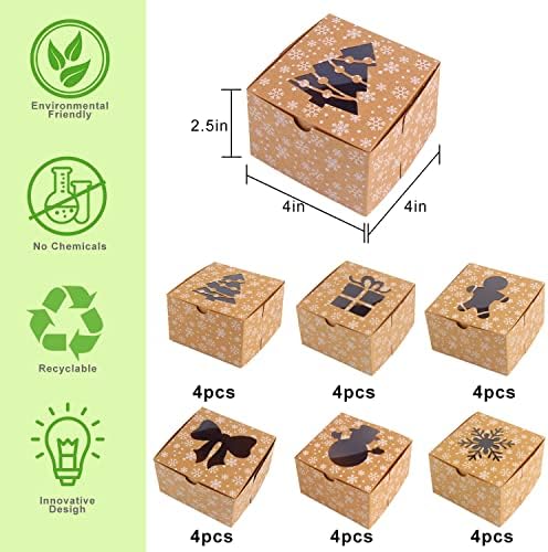 CCINEE Christmas Brown Cardboard Bakery Boxes, 24 Pack 4"x 4"x 2.5" Mini Cookie Boxes with Window Kraft Cake Box for Xmas Cupcakes Cookies Brownies Donuts Truffles Gift-Giving.