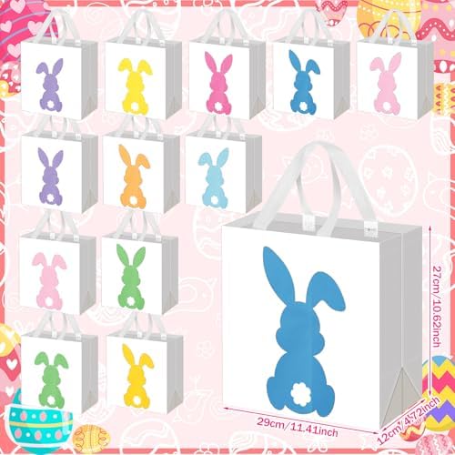 Wesnoy 48 Pcs Easter Gift Bag with Handle Bulk Non Woven Bunny Bags Reusable Easter Spring Bunny Tote Bag Rabbit Candy Basket Container for Gift Wrapping Egg Hunt Party Favor, 11.4 x 10.6 x 4.7 Inch