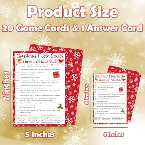 Christmas Movie Quotes Game Card - 20 Holiday Game Cards With 1 Answer Card Set - Film Theme Xmas Party Funny Activity for Family, Adults & Teens - Christmas Party Supplies & Decor(Snowflake) - A03