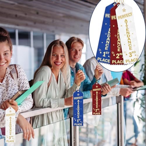 Thiccywoov 90 Pcs Perfect Attendance Ribbons for 1st, 2nd, 3rd Place, 8" x 2" Perfect Attendance Award Ribbons with Event Card and String for Competition Contests School Office Team Contest Ornaments