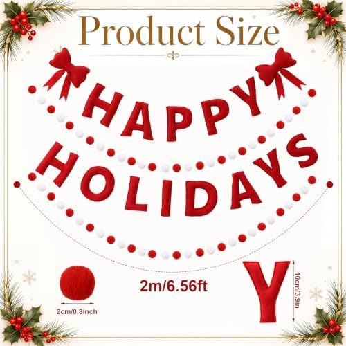 Mindsoft 4 Pcs Felt Happy Holidays Banner Christmas Pom Pom Garland Mantel
