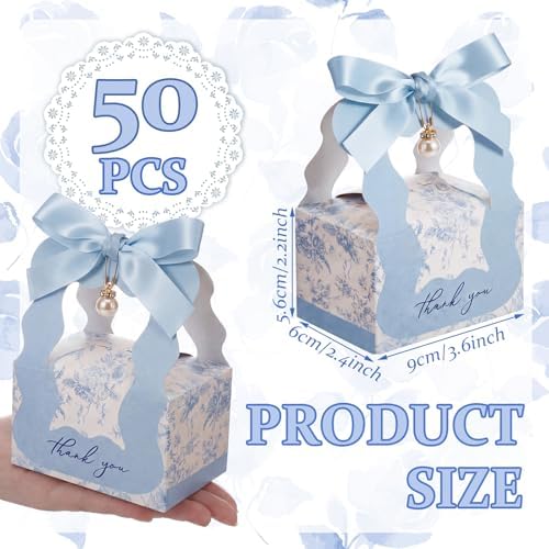 ForraFun 50 Sets Floral Wedding Favor Boxes with Pearl Pendant Bow, Blue