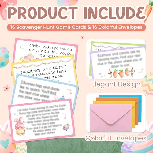 Easter Scavenger Hunt Game, Easter Gnome Treasure Hunt Clue Cards with Envelopes, Easter Egg Hunt Party Game for Adults and Family, Indoor Outdoor Activities – A01
