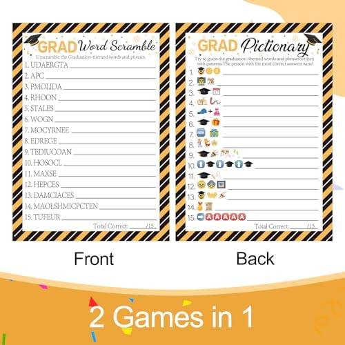 COCHIE 30 Players Class of 2026 Graduation Party Games, Graduation Pattern Words Pictionary Game, Word Scramble Guess Game with Answer Key, Grad Parties Supplies Favor (Grad Pictionary)