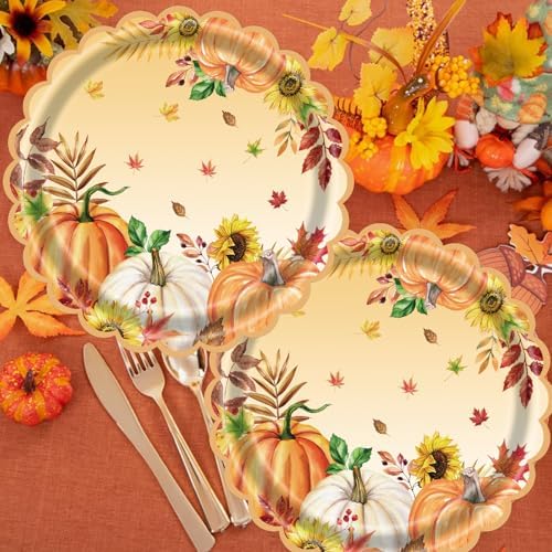 7 Inch Fall Paper Plates Disposable 40 Count Thanksgiving Pumpkin Party Plates, Heavy Duty Scalloped Dessert Plates for Autumn Party Supplies & Holiday Dinner Decorations