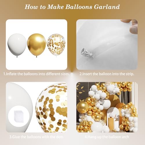 White and Gold Balloons Arch Kit, 131Pcs Gold Latex Balloons Different Size