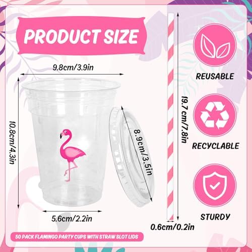 Whaline 50Pcs Flamingo Disposable Plastic Cups with Lids and Straws 12 Oz Pink Flamingo Cold Beverage Drinking Cups for Summer Tropical Hawaiian Birthday Bachelorette Bridal Shower