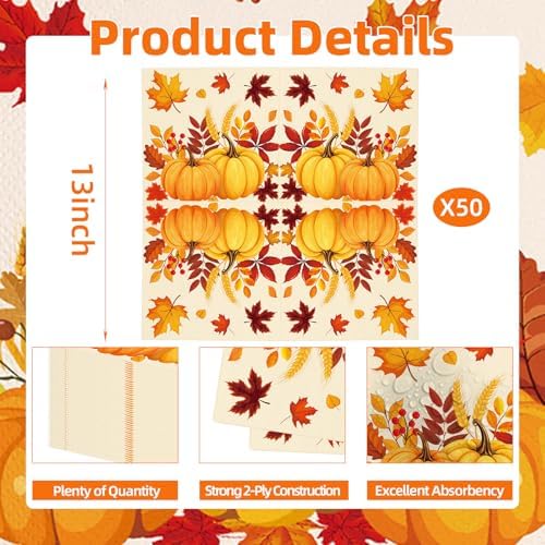 50 Pcs Fall Pumpkin Leaves Paper Napkins Set, 13x13 Inches Unfolded – Disposable Autumn Harvest Cocktail Napkins for Thanksgiving, Friendsgiving, and Fall Party Table Decorations