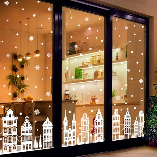 78" Christmas Window Clings Stickers White Winter House Snowflake Christmas Tree Xmas Window Decals for Holiday Party Home Office Shop Glass Display Decoration