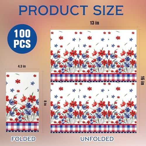 4th of July Disposable Paper Napkins, 100 Pcs Patriotic Napkins for Bathroom, 250th Anniversary Red White Blue Buffalo Plaid Napkins for Independence Day Memorial Day Party Supplies