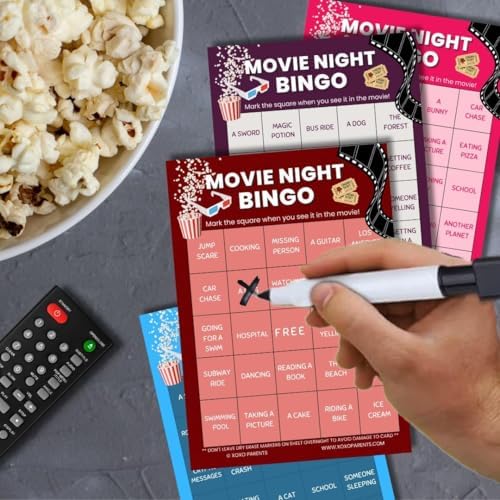 XOXO Parents Movie Night Bingo Cards, Reusable Supplies - RomCom