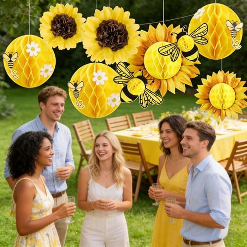 Paper Jazz Sunflower Party Honeycomb Decoration Bee Decorations with Yellow Paper Flower，Tissue Paper Sun Flower Hanging Birthday Decor for Classroom Wall Baby Shower Garden Party Bulletin Board