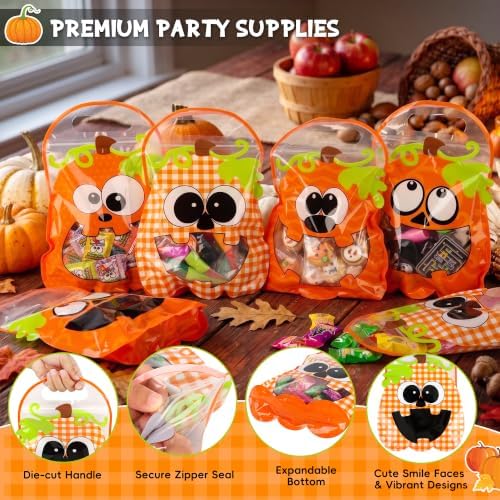 HOIIOH 60 Pack Halloween Pumpkin Treat Bags with Handles & Zipper