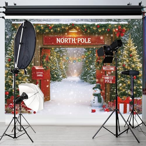 Christmas Photography Backdrop 12x8ft – Rustic Snowy Forest Barn Door with Xmas Tree, North Pole Winter Scene Fabric Photo Background for Family Party, Baby Holiday Photos