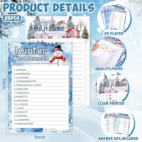 27 Pcs Winter Party Games Merry Christmas Games for Families Holiday Paper Game Cards Double Sided Printed Xmas Word Scramble Guessing Card Adult Family Large Groups Activity Supplies with Answer Key