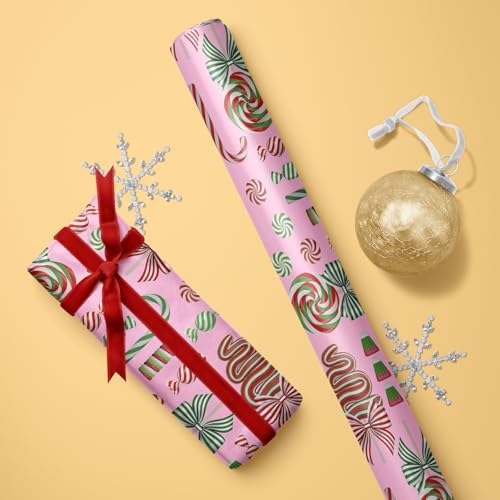 LeZakaa Christmas Candy Wrapping Paper Roll for Girls Kids, Pink Sweet Candy Canes with Peppermints Lollipops Design for Xmas Sweet-Themed Presents, Mini Roll 17in x 16.4 Ft