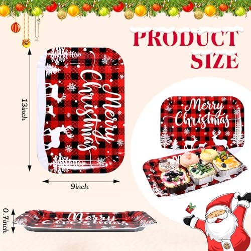 Maitys 12 Pcs Merry Christmas Serving Trays 13 x 9 Inch Large Food Trays buffalo plaid Dessert Cupcake Platters for Christmas Winter Holiday Birthday Party Supplies Table Decorations