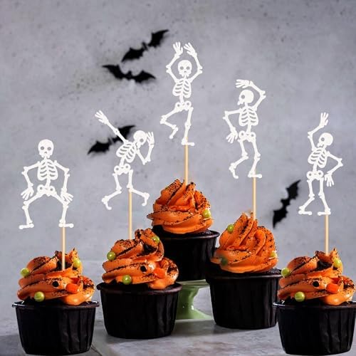 25Pcs Glitter White Skeleton Cupcake Toppers Dancing Skeleton Cupcake Picks for Halloween Party Decorations Halloween Boys Girls Goth Birthday Goth Bridal Shower Wedding Cake Cupcake Decorations