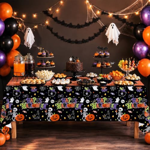 2 Pack Halloween Tablecloth, 54 x 108 Inch Disposable Plastic Table Cover, Orange Halloween Party Decorations for Halloween Decor