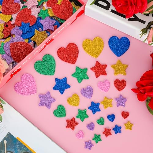 300 PCS Foam Stickers, Colorful Heart Stickers Glitter Star Heart Stickers, Self Adhesive Arts Craft Mini Star Bulk for Valentine Crafts DIY Greeting Card Envelopes Scrapbooking