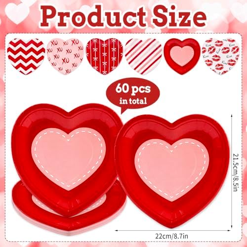 Whaline 60Pcs Valentine's Day Paper Plates Heart Shaped Dessert Plates Red Pink White Romantic Disposable Tableware for Mother's Day Anniversary Wedding Birthday Party Table Decor Supplies