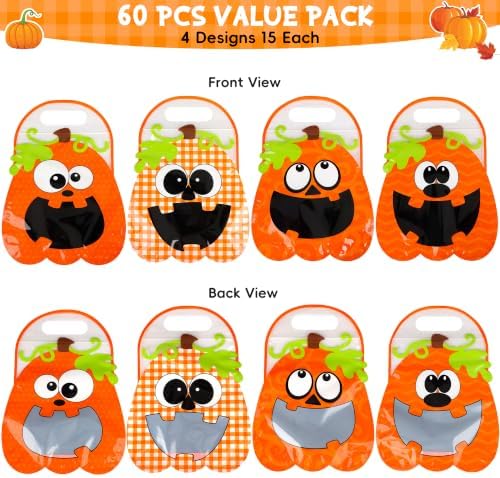 HOIIOH 60 Pack Halloween Pumpkin Treat Bags with Handles & Zipper