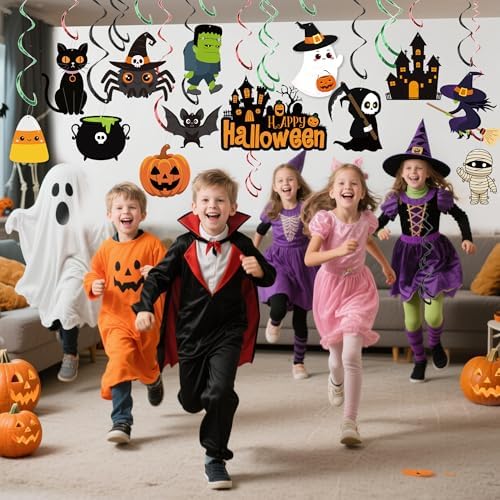 36 PCS Halloween Pre-Strung Hanging Swirl Decor Halloween Ceiling Hanging Swirls Cute Ghost Pumpkin Spider Witch Themed Ceiling Streamer for Office Home Indoor Outdoor Decoration Kids Party Supplies
