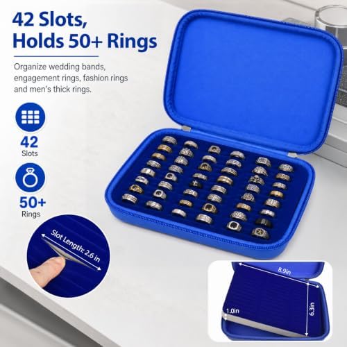 GWCASE Ring Organizer Box 42-Slot Hard Shell Case Holds 50+ Pcs, Dark Blue