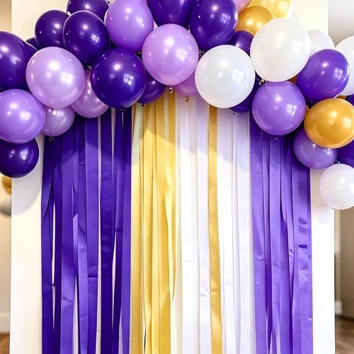 BEISHIDA 8 Rolls Purple Gold White Crepe Paper Streamers for Graduation Basketball Holiday Bridal Shower Wedding Birthday Theme Party Decorations, piñatas DIY Craft Paper (656 Ft)