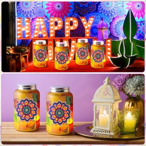 Qinyoung 12 Pcs Mandala Diwali Craft Mason Jars Tissue Paper Craft with LED
