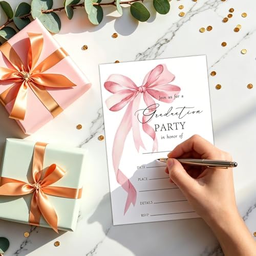Pink bow Graduation Invitations 2026 with Envelopes - 20 Pack Class of 2026 Graduation Party Invitations, 4x6 Inch Fill-in Graduation Announcements for High School or College - A12
