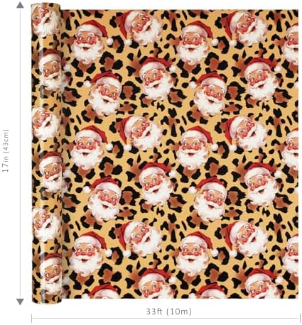 LaRibbons Christmas Santa Wrapping Paper, Vintage Santa on Cheetah Print