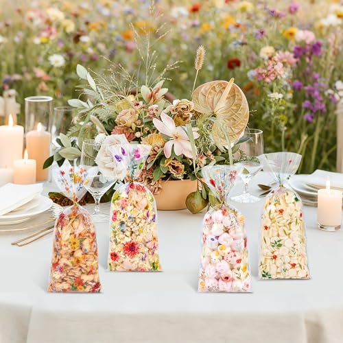 50 Pcs Wildflower Cellophane Treat Bags - 5 x 11 Inch Clear Floral Goodie Bags with Ties for Cookies, Snacks & Gift Packaging, Wildflower Candy Bag for Baby Bridal Shower, Bday, Wedding Party Favors
