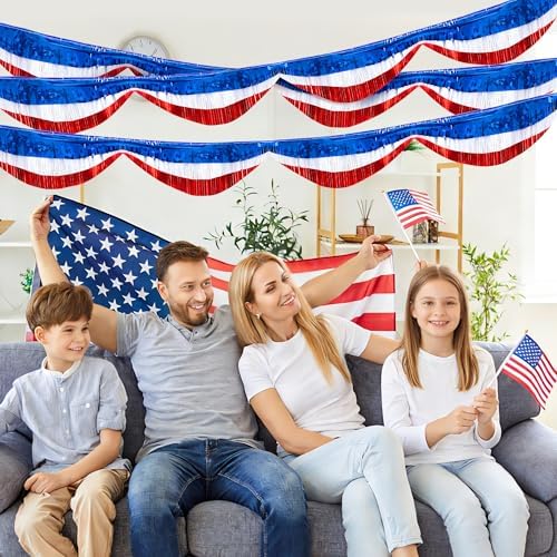 3 Pcs 20 Ft Patriotic Foil Fringe Bunting, Red White Blue Tinsel Streamers Banner, Independence Day Metallic Fringe Garland for 4th of July Celebration Party Parade Events Decoration