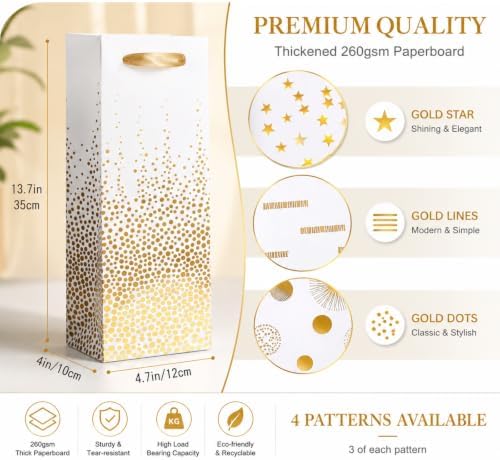 SHIPKEY 4 PCS Wine Gift Bags 13.7" Luxury Gold Bottle Bag for Weddings