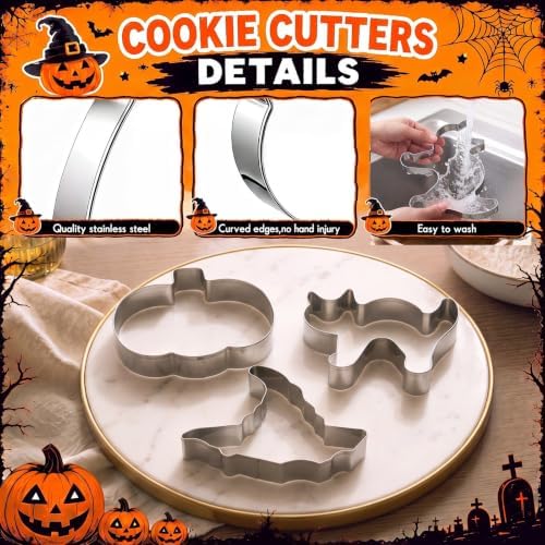 Teenyyou 3 Pcs 7.5 Inch Large Halloween Cookie Cutters Set Extra Large Pumpkin Witch's Hat Cat Shapes Stainless Steel Metal Giant Cookie Cutters Molds for Halloween Day Baking Party Kitchen Accessory