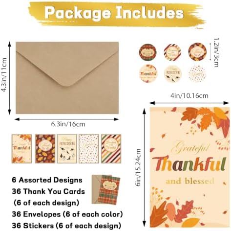 36 Pack Thanksgiving Cards with Envelopes & Stickers, 4 x 6 in, 6 Designs