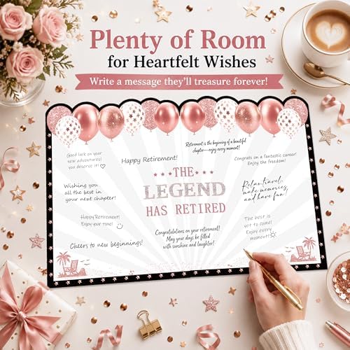 WNINK Jumbo Retirement Card for Women, Black Rose Gold Happy Retirement Guest Book with Envelope, Large Farewell Signing Card, The Legend Has Retired Decorations Gift
