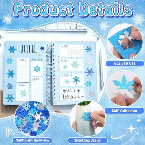 576 PCS Snowflake Foam Stickers, Glitter Winter Snowflake Stickers,8 Sheets