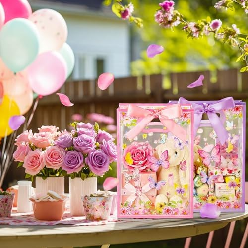 Capoda 24 Pack Butterfly Gift Bags with Handles Pink Purple Floral Party Favor Bags for Girls Birthday Reusable Plastic Goodie Bag Medium Treat Bag for Baby Shower Spring Garden Tea Party Supplies