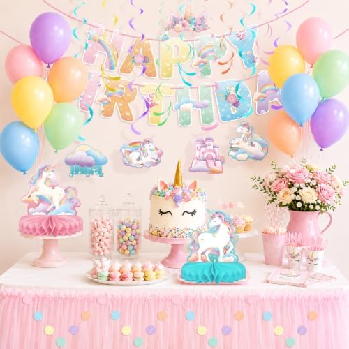 Unicorn Party Decorations Kit, Unicorn Birthday Decorations with Unicorn Birthday Banner, Circle Confetti Garland, Swirl Streamers, Balloons, Honeycomb Centerpiece, Rainbow Birthday Decorations