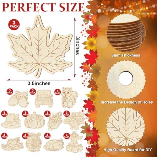 36PCS Wooden Thanksgiving Decoration Fall Ornaments to Paint Happy Thanksgiving Crafts Cutouts Unfinished, DIY Blank Fall Unfinished Turkey Maple Leaf Truck Pumpkin Ornament for Home Harvest Hanging