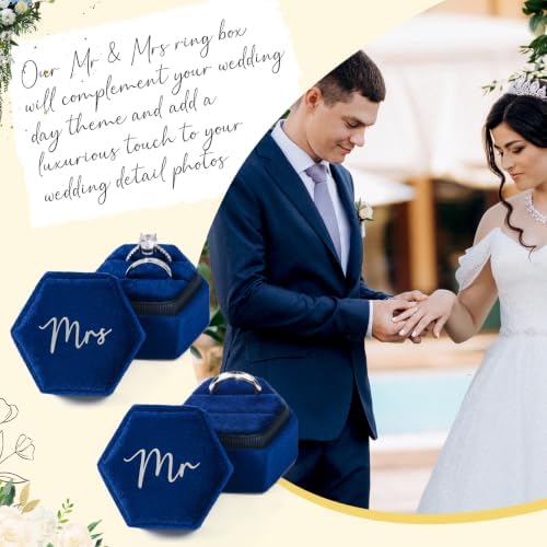 Mr & Mrs Velvet Wedding Ring Box 2 Slots Cursive Hexagon Jewelry Ring Box for Wedding Day Ceremony Bridal Photography Gift Set of 2 (Sapphire Blue)