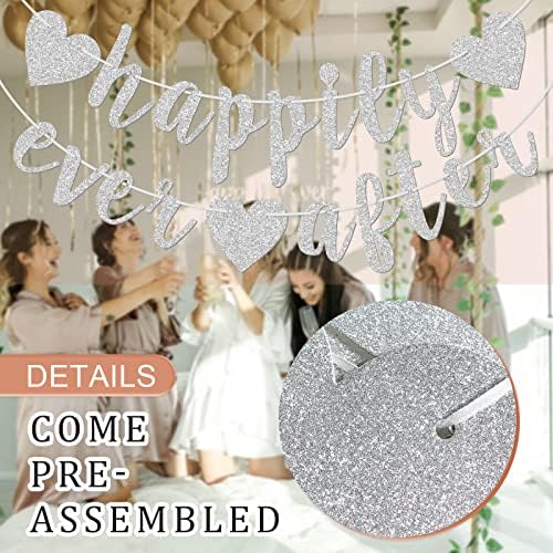 Happily Ever After Silver Glitter Bunting Banner, Engagement, Bridal Shower, Wedding Party Photo Booth Props Signs,Pre-Strung Cursive Bunting