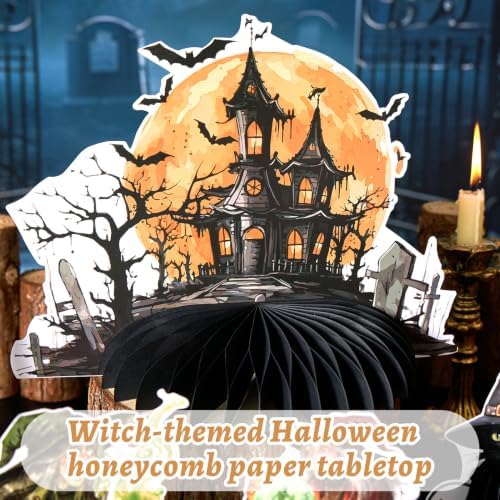 PAPER JAZZ Halloween Honeycomb Table Centerpieces, 9 Pcs Spooky Witch Halloween Decor with Haunted House Tombstone Skeleton Decorations, Halloween Party Desktop Ornaments for Indoor Home Dinner Table