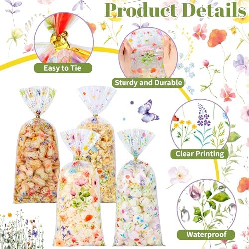 QOIUSO 50 PCS Wildflower Party Cellophane Treat Bags - 4.9 x 10.8 Inch Plastic Floral Party Favor Bags with Twist Ties - Clear Candy & Cookie Gift Bags for Baby Shower, Bridal, Wedding, Birthday