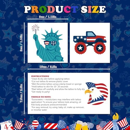 250th Anniversary USA Shirt - 150 PCS USA Flag Patriotic Tattoos for Fourth of July Accessories America Merchandise | 4th of July Outfits for Women,Red White Blue Party Decorations Favors Supplies