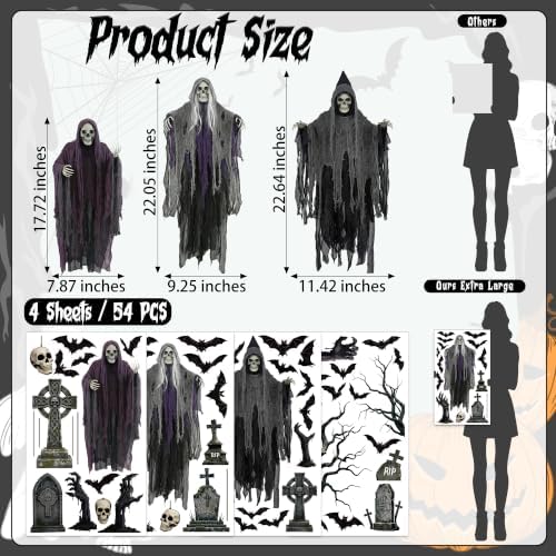 54 PCS Large Halloween Decor, Grim Reaper Halloween Window Clings for Home